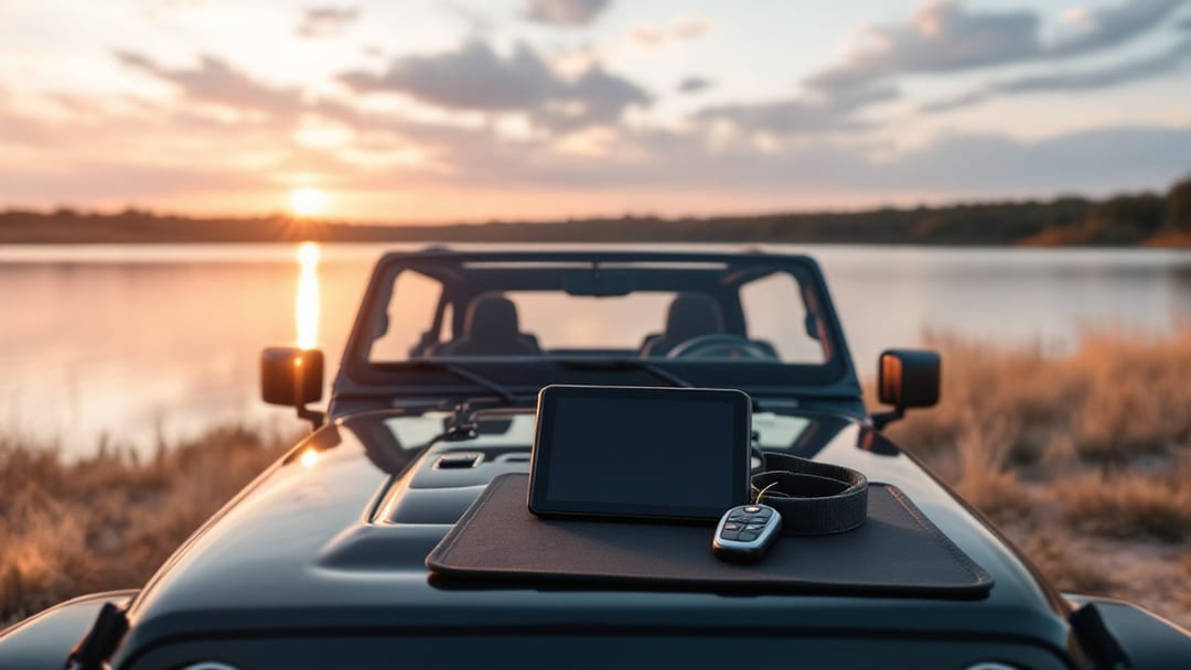 Jeep Wrangler estacionado junto a una rampa de lanchas al amanecer mientras un programador de llaves automotriz descansa sobre el cofre