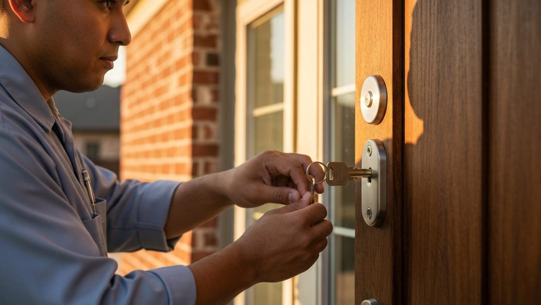Cerrajero hispano instalando cerrojo deadbolt de alta seguridad en puerta principal de casa suburbana en Grand Prairie, Texas