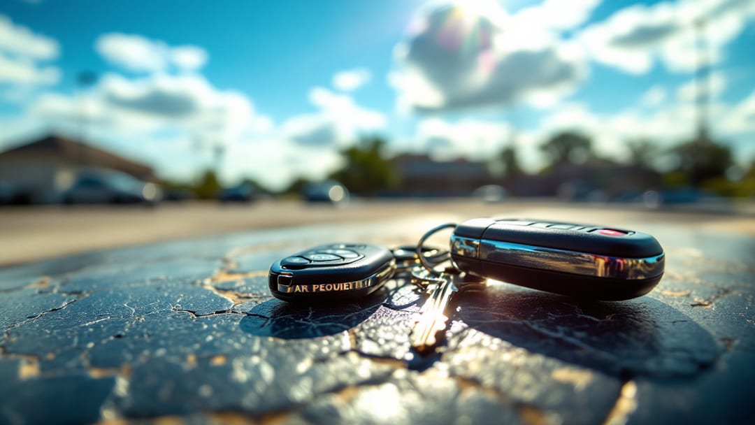 Key fob y juego de llaves de carro sobre un tablero recalentado bajo el sol de verano en Texas