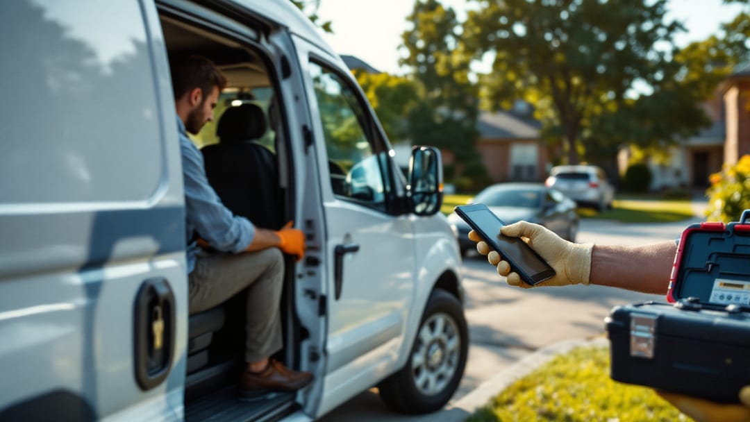 Van de cerrajero móvil trabajando en la entrada de una casa suburbana de Grand Prairie al mediodía, con equipo de programación de llaves junto al carro
