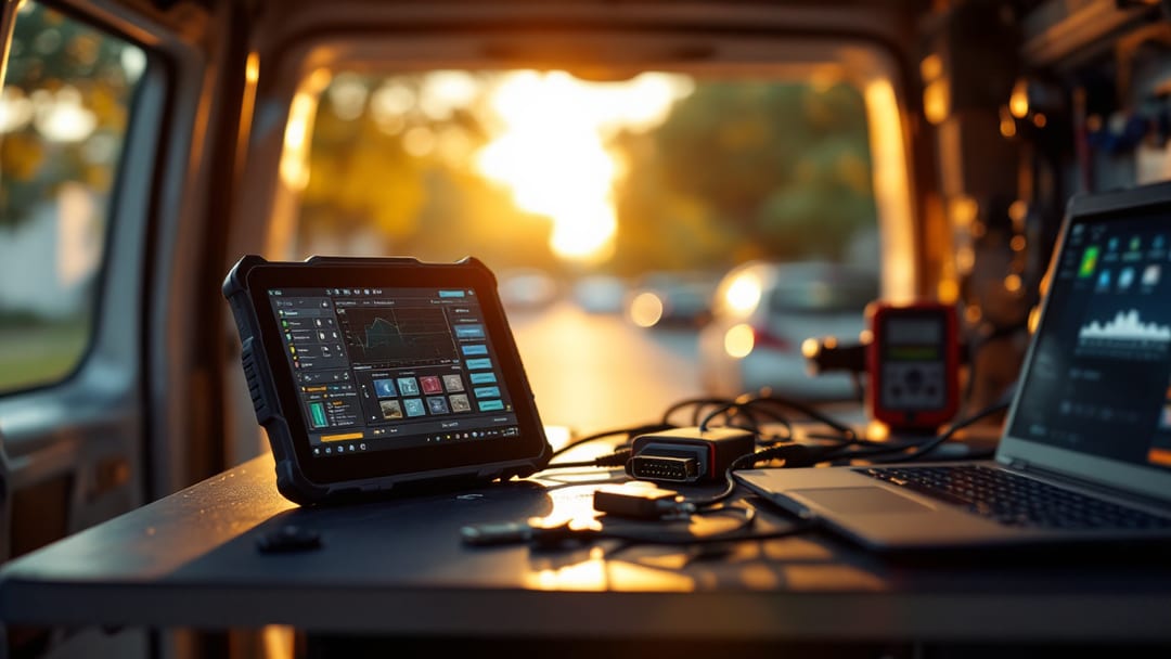 Banco de trabajo dentro de una van de cerrajero móvil con programador de llaves, laptop de diagnóstico y módulo de carro en Grand Prairie, Texas