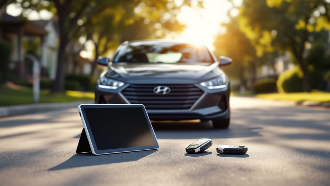 Sedán Hyundai Elantra con tablet programadora y smart key en una calle suburbana de Texas por la tarde