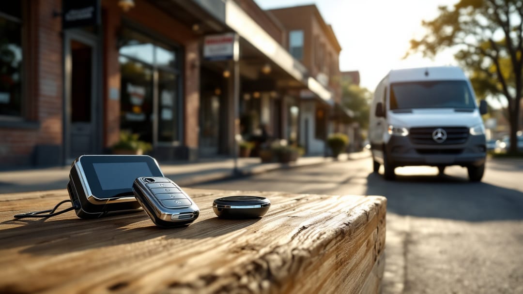 SmartKey cromada de Mercedes-Benz junto a equipo de diagnóstico de cerrajero frente a una van Sprinter en una calle de Grand Prairie por la mañana