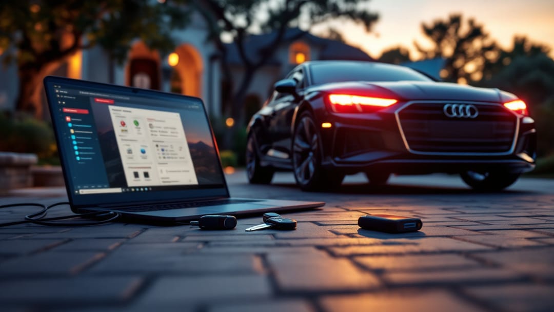 Audi de lujo con llave avanzada y laptop de diagnóstico en un atardecer suburbano de Texas