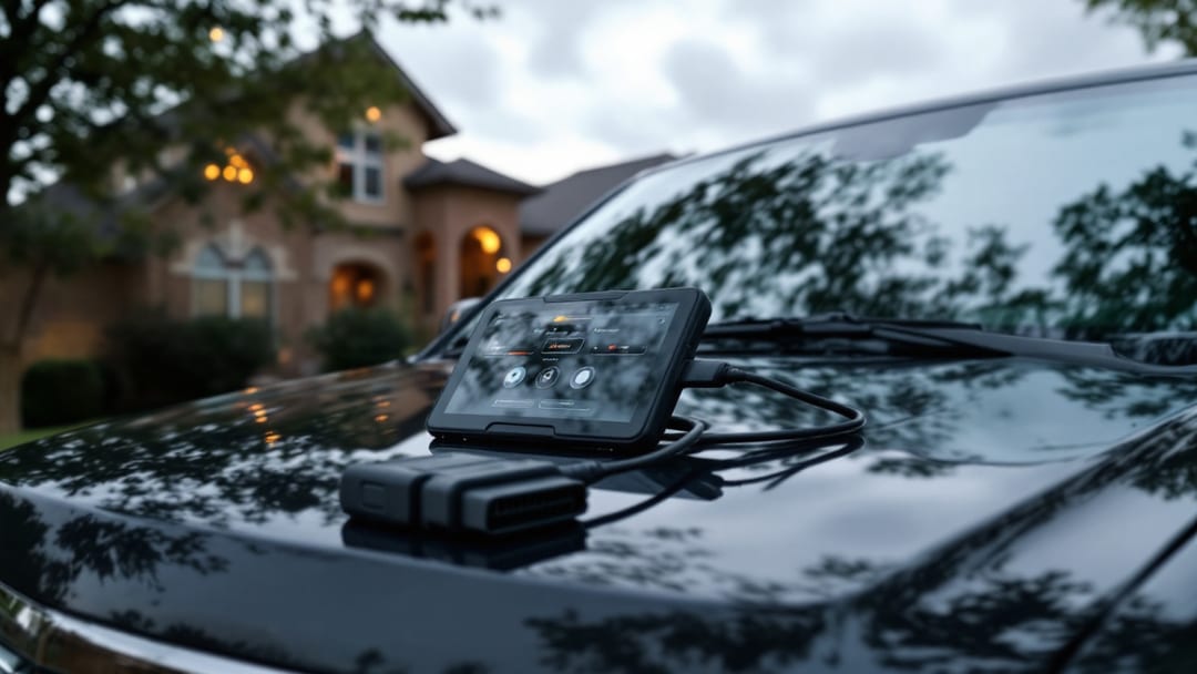 Chevrolet Tahoe SUV full-size con tablet programadora y cable OBD en un entorno suburbano de Texas con luz nublada