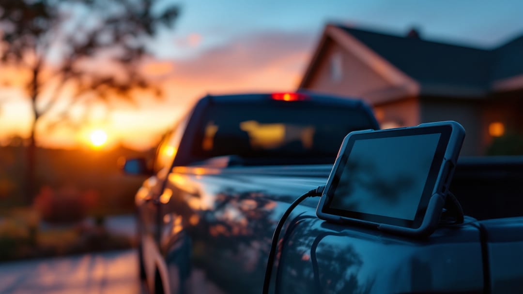 Camioneta pickup compacta estacionada en una entrada con un equipo de programación de llaves sobre la caja
