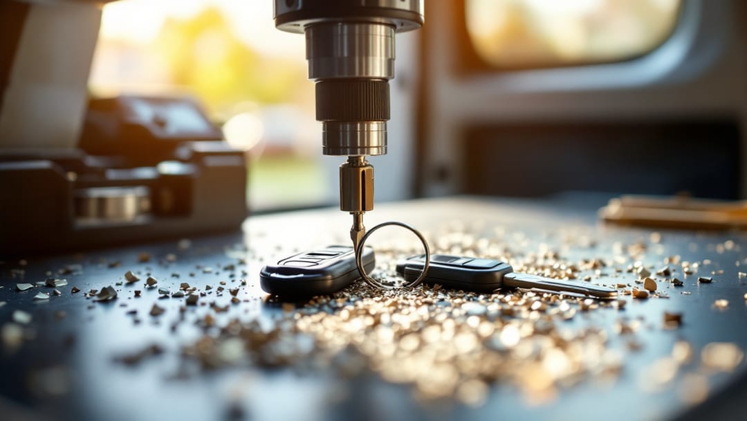 Máquina de corte de llaves automotrices con una lámina nueva y un fob de proximidad sobre la mesa de trabajo móvil