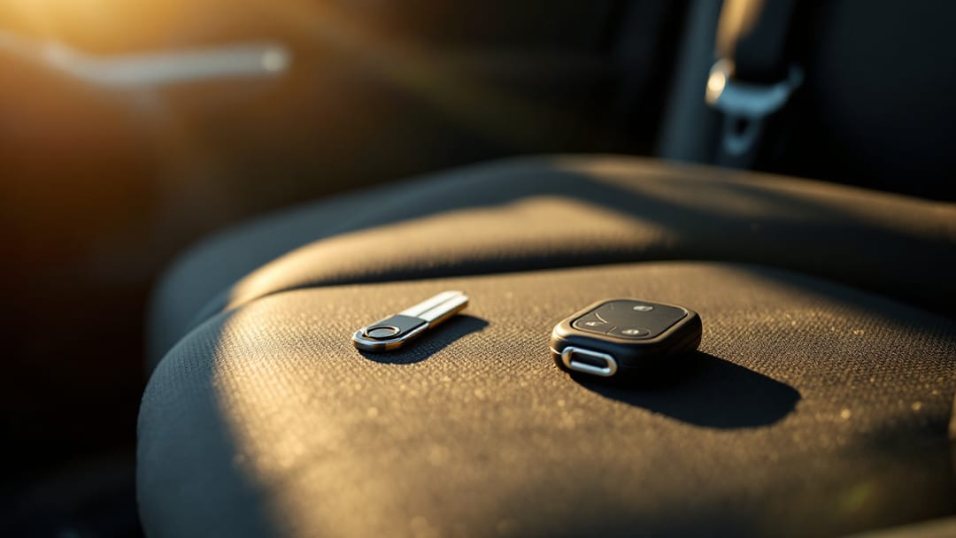 Llave de repuesto y fob nuevo junto a un manual del vehículo sobre el asiento de una SUV compacta