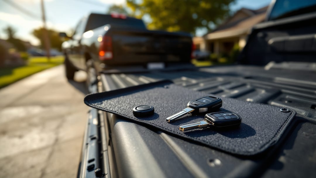 Fobik y smart key de RAM 1500 junto a un programador de llaves sobre tapete de trabajo, con la troca estacionada en una entrada residencial de Texas