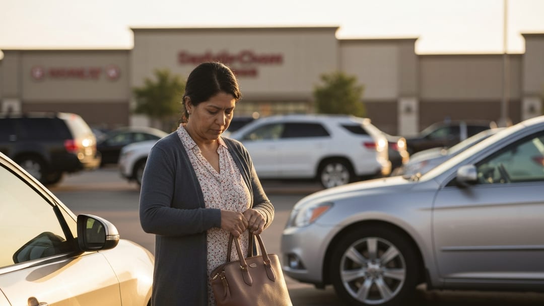 Mujer hispana junto a su carro cerrado en un estacionamiento de Grand Prairie, Texas buscando las llaves perdidas en su bolso