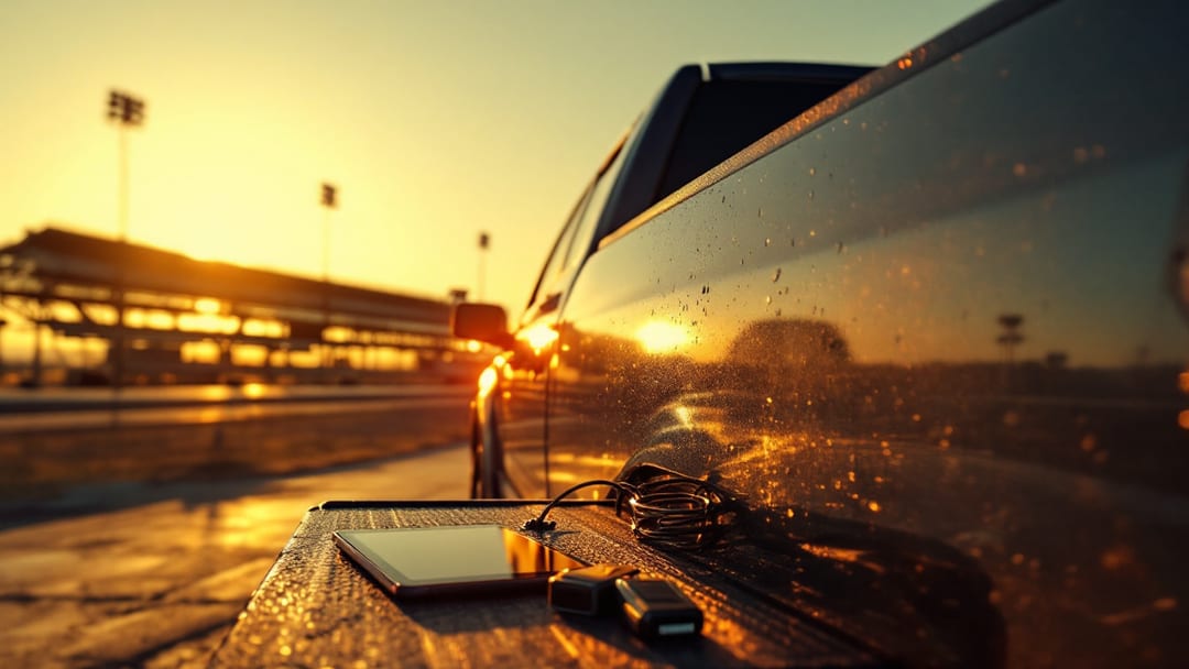 Cerrajero programando una llave nueva de Ford F-150 con equipo OBD sobre la plataforma de la troca en Grand Prairie, Texas