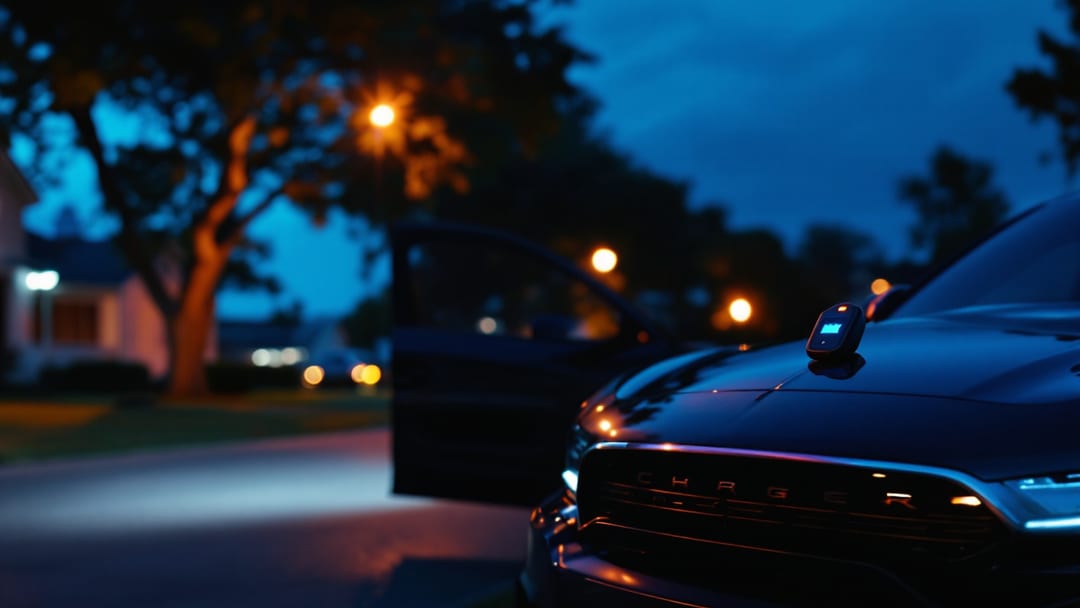 Programador automotriz conectado al puerto OBD de un Dodge Charger al anochecer en una calle residencial de Grand Prairie, Texas