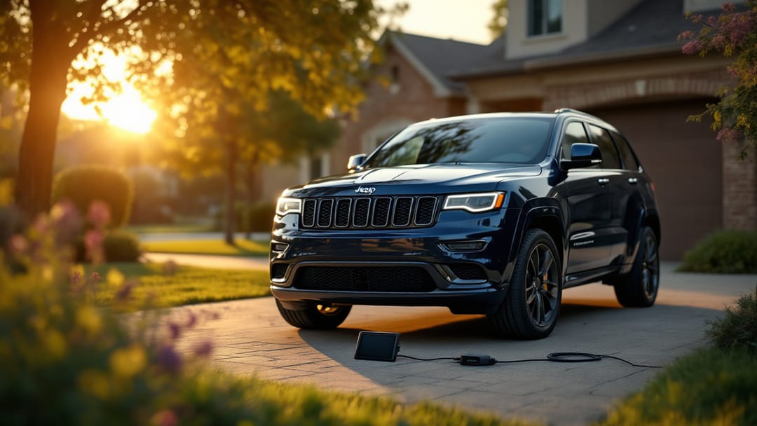 Jeep Grand Cherokee en una entrada suburbana de Texas con tablet de programación y cable OBD a la luz de la tarde