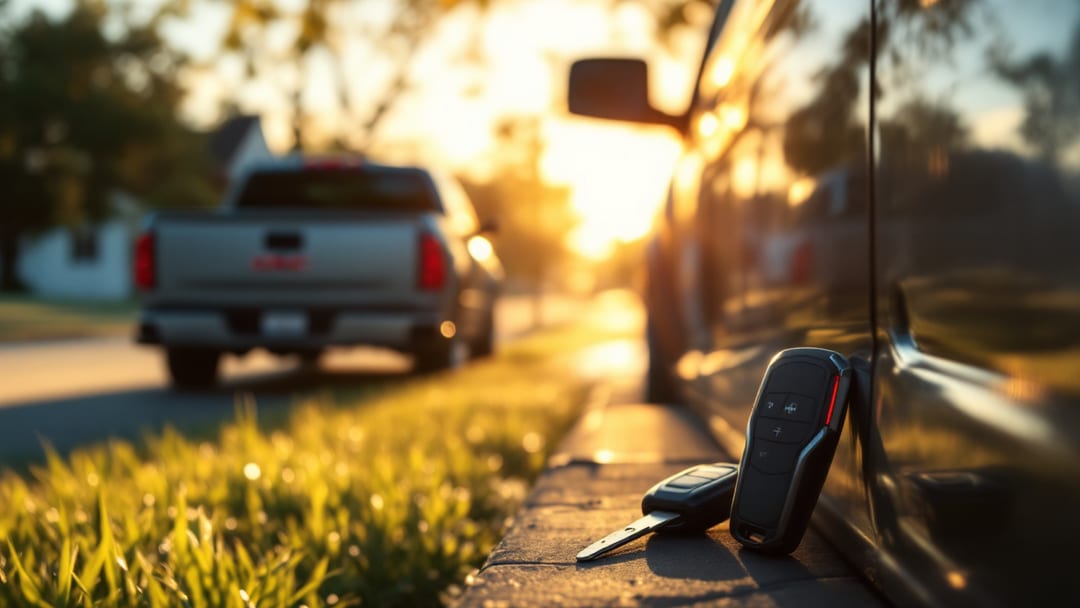 GMC Sierra estacionada en calle suburbana de Grand Prairie con programador de llaves y key fob al amanecer