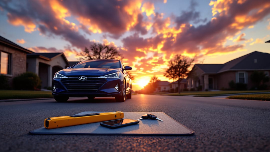 Escáner de programación de llaves junto a un sedán Hyundai y un candado de volante, estacionados en una calle suburbana de Grand Prairie al atardecer