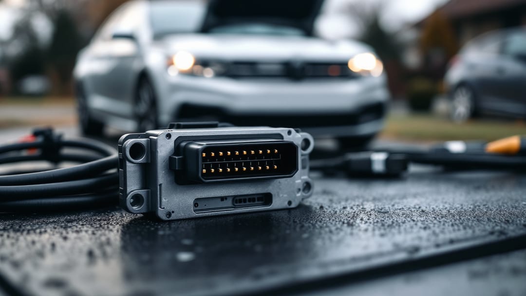 Módulo electrónico automotriz conectado a un programador de diagnóstico sobre el asiento de un sedán