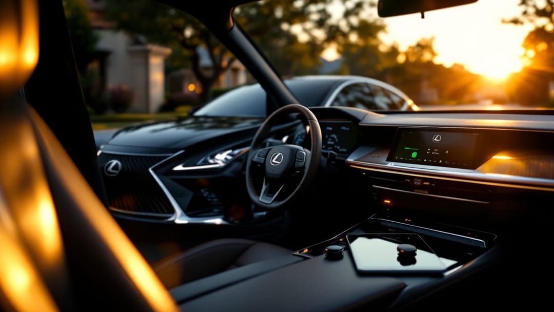 Smart key Lexus y tablet programadora en un carro de lujo en un driveway suburbano de Grand Prairie al atardecer
