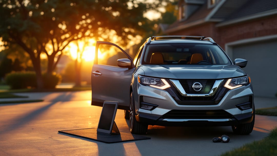 Nissan Rogue SUV compacto en una entrada suburbana de Texas al atardecer, con una Intelligent Key y una tablet programadora sobre el cofre iluminadas por luz cálida