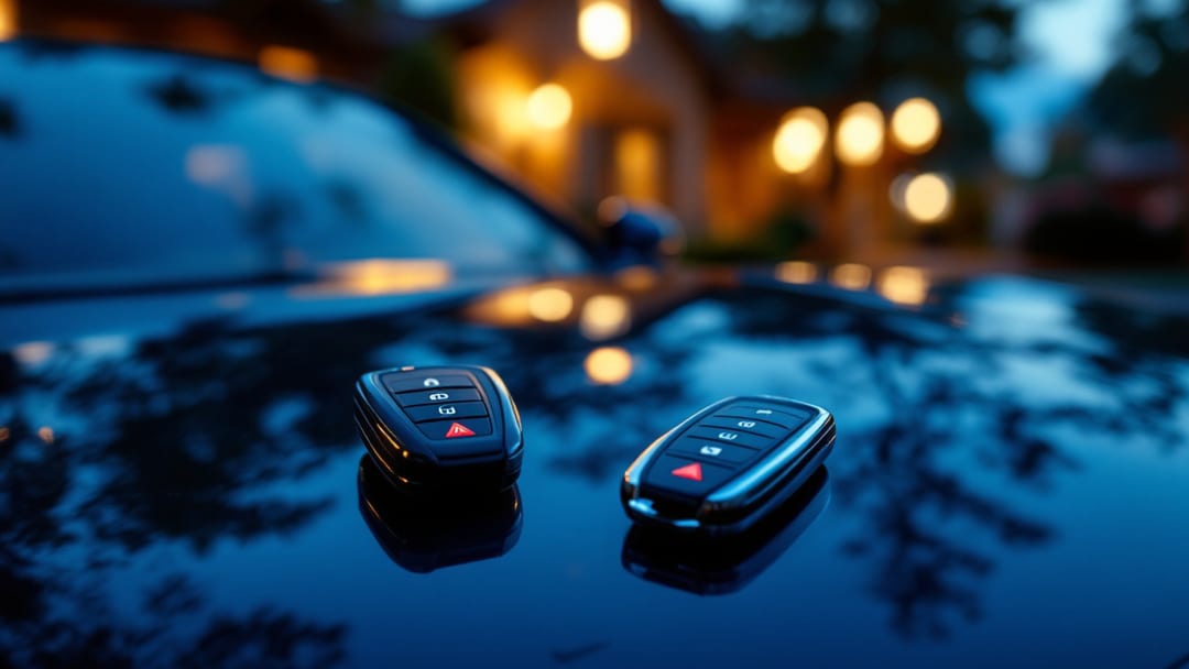 Llave inteligente de BMW junto a un programador de llaves profesional sobre el cofre de un sedán BMW al anochecer en Grand Prairie, Texas