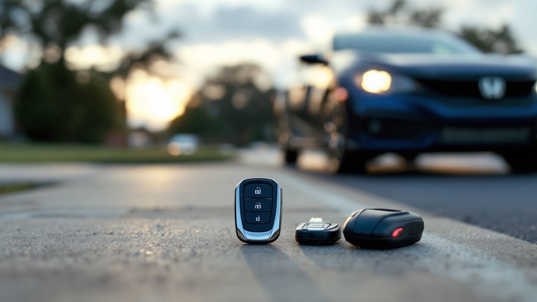 Llave transponder y smart key de Honda Civic junto a un programador en una acera suburbana de Texas