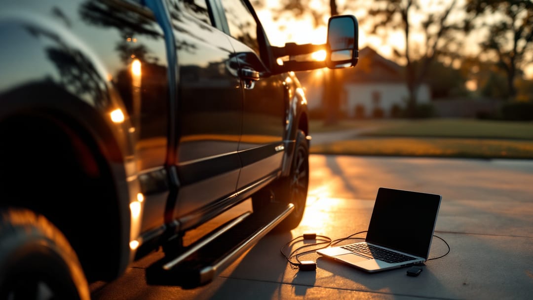 Camioneta Ford F-250 Super Duty con tablet de programación y cable OBD al atardecer en un suburbio de Texas