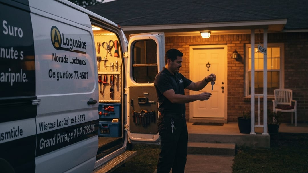 Camioneta de cerrajero hispano frente a casa familiar en Grand Prairie, Texas, técnico entregando llaves nuevas en español