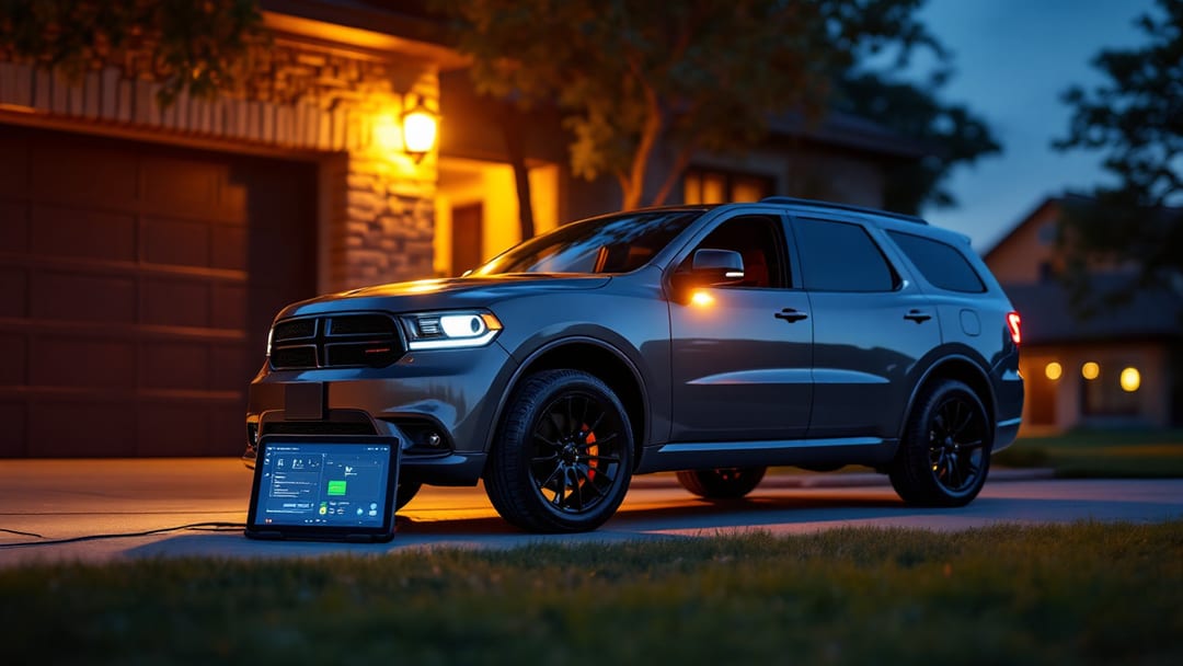Dodge Durango SUV con programador de llaves y cable OBD al atardecer en un suburbio de Texas