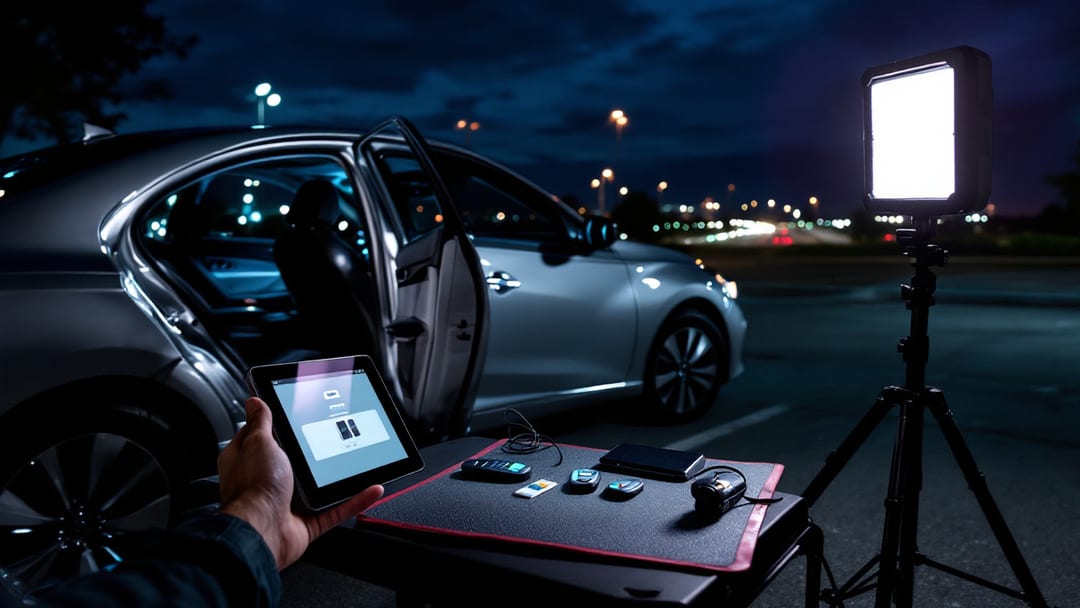 Programador de llaves conectado al puerto OBD de un Nissan Altima estacionado de noche en Grand Prairie, iluminado con lámparas de trabajo portátiles