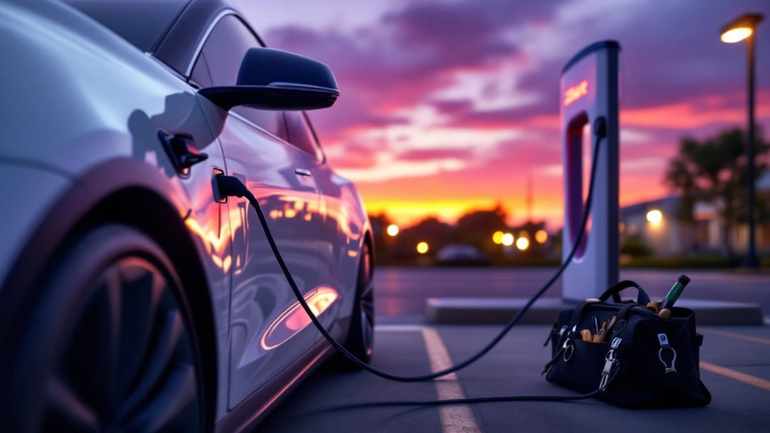 Tarjeta llave de Tesla sobre el pilar de la puerta de un Model Y estacionado en una estación de carga al atardecer en Grand Prairie, Texas