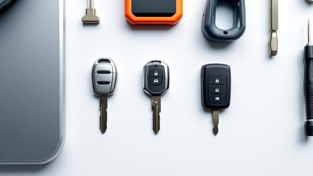 Llave metálica con chip, llave flip remota y smart key fob lado a lado en un banco de trabajo junto a un programador de llaves
